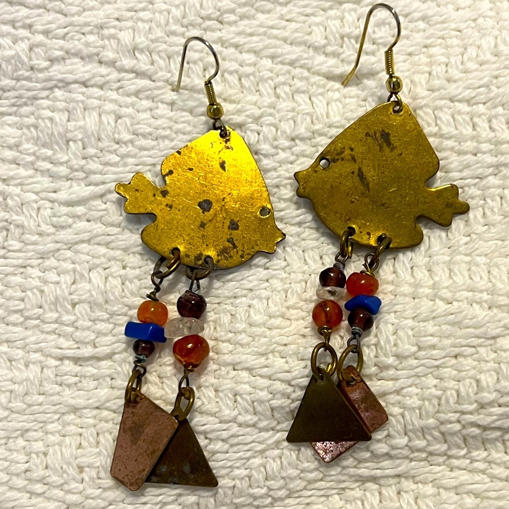 Unique Artisan Brass & Copper Fish Earrings 3” long